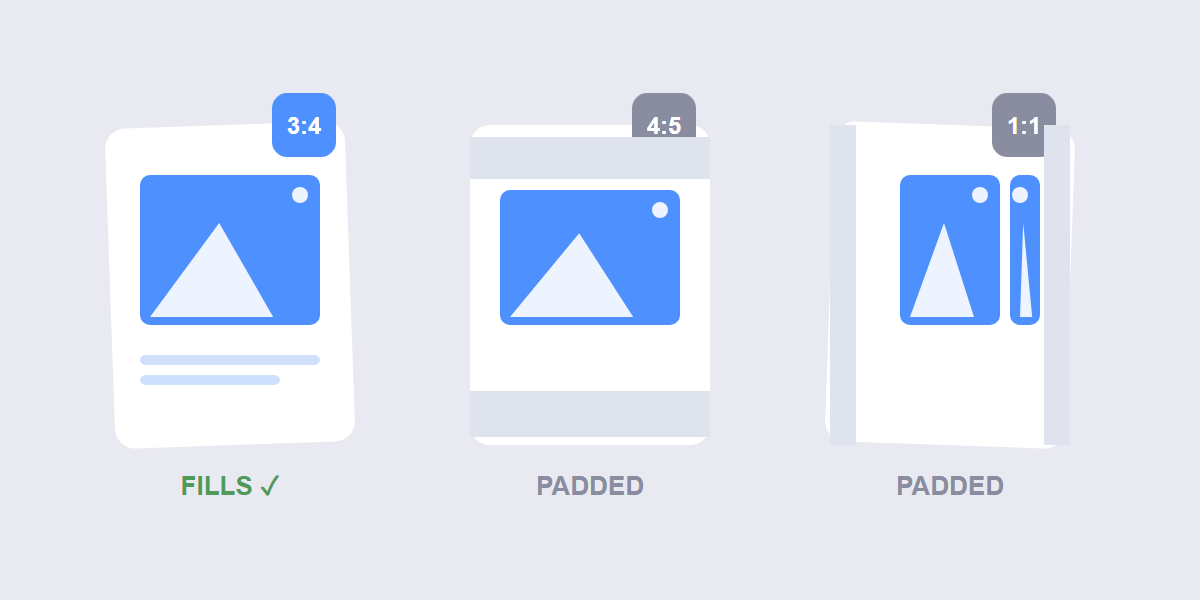 Instagram grid tiles: 3:4 fills, 4:5 and 1:1 padded illustration