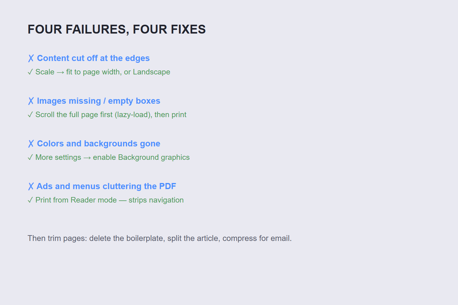 Four print failures and fixes: cut-offs, images, colors, ads